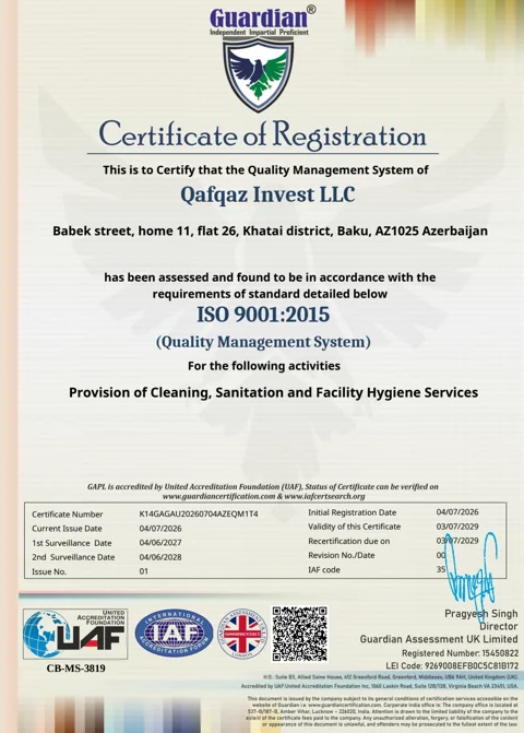 ISO 9001:2015 sertifikatı — White Star Cleaning