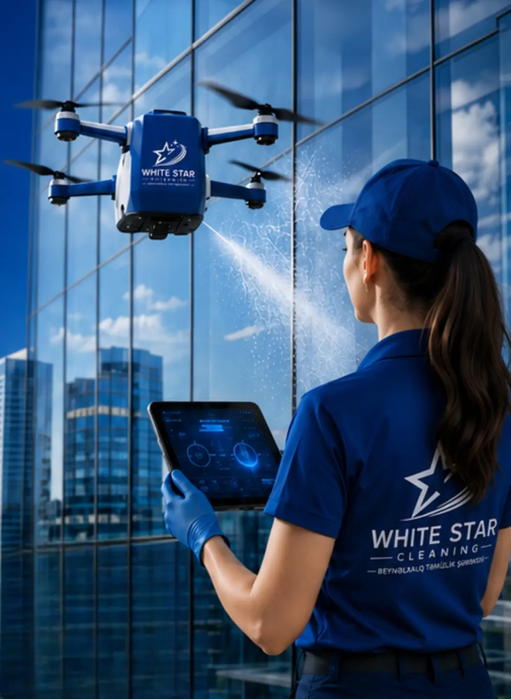 White Star drone cleaning the glass facade of a high-rise